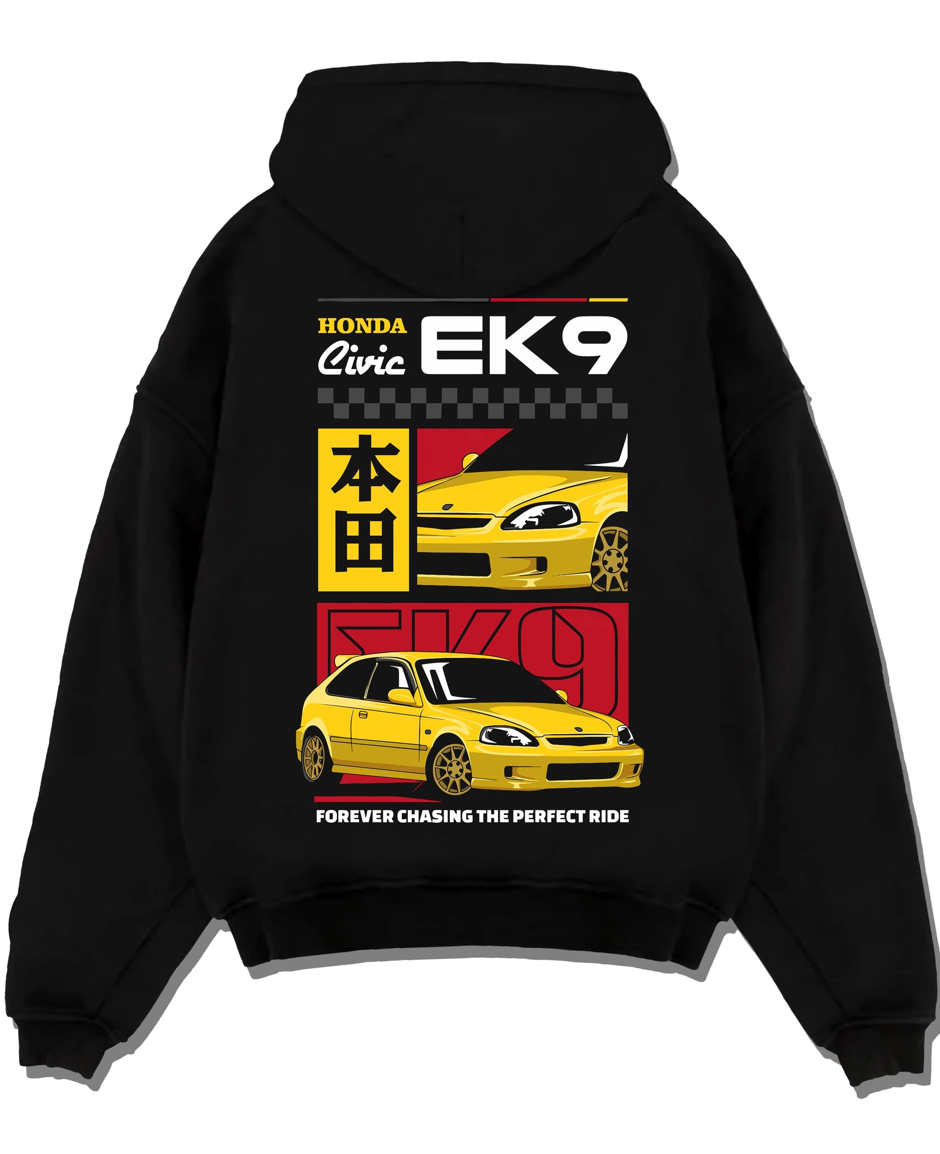 Black pullover hoodie laid flat on a white background, featuring Honda Civic racing jdm japanese street iconic performance graphic.