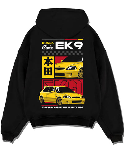 Black pullover hoodie laid flat on a white background, featuring Honda Civic racing jdm japanese street iconic performance graphic.