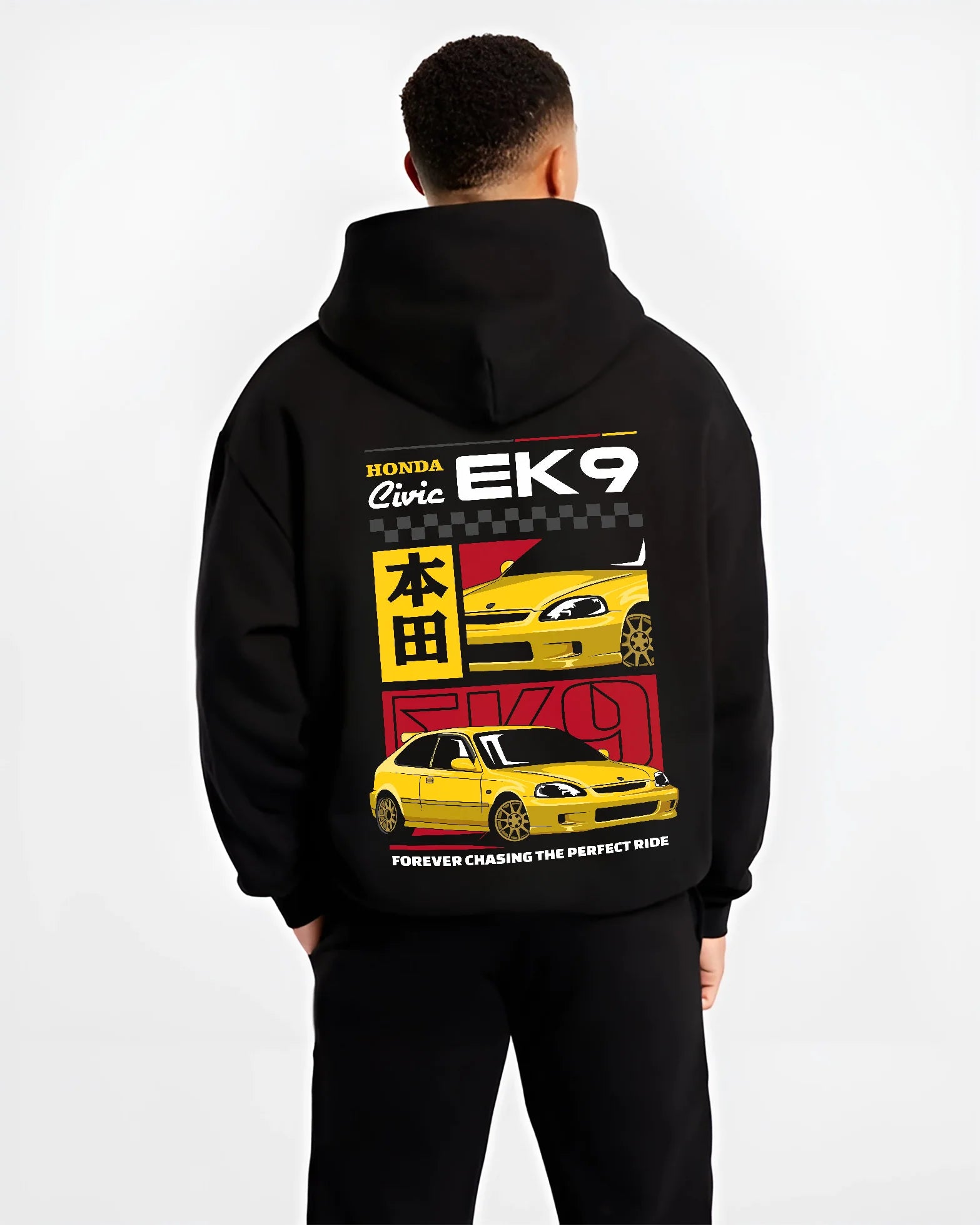 Black hoodie worn by a male model, back view, featuring Honda Civic racing jdm japanese street iconic performance graphic.