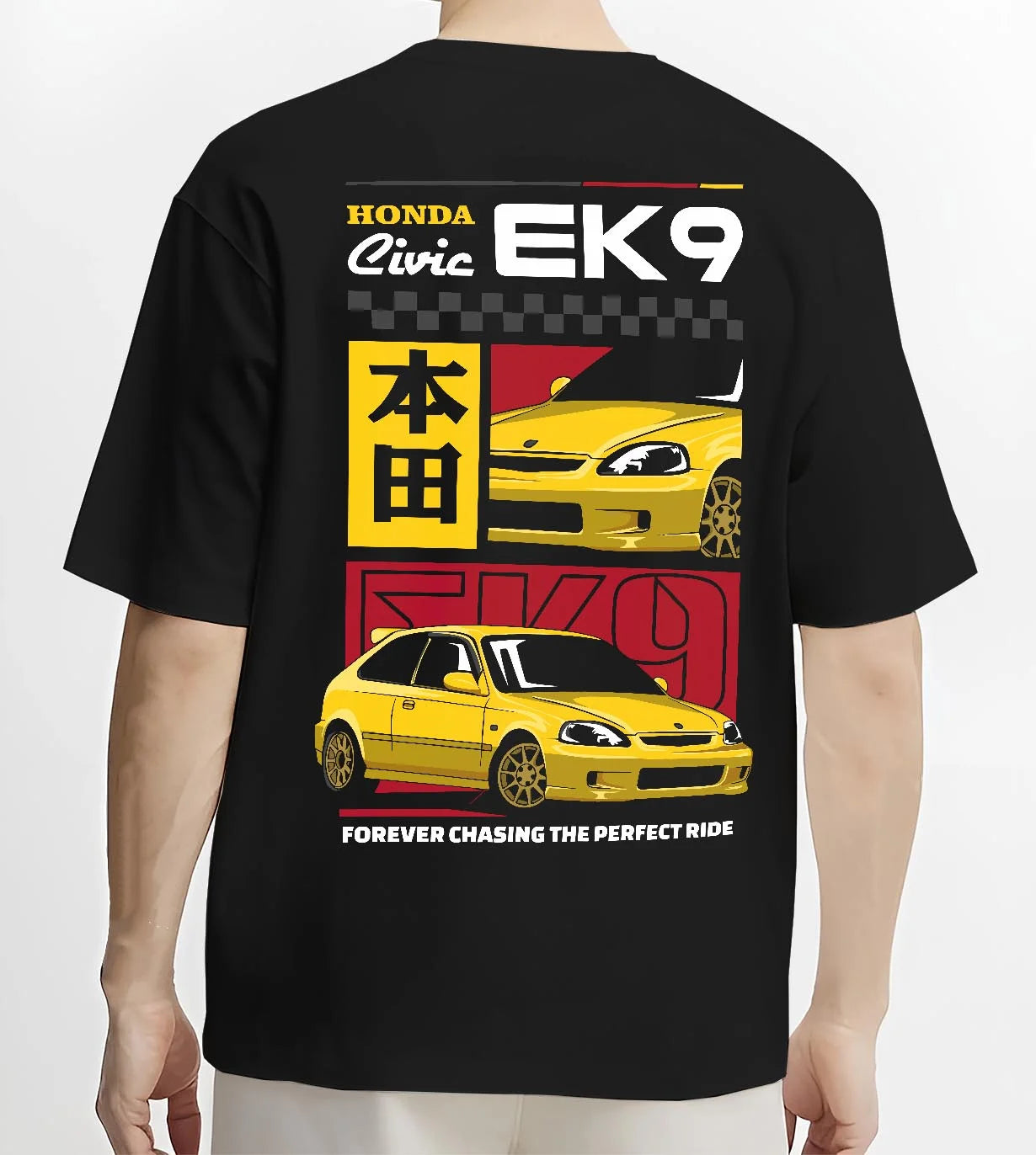 Black T-shirt worn by a male model, back view, featuring Honda Civic racing jdm japanese street iconic performance graphic.
