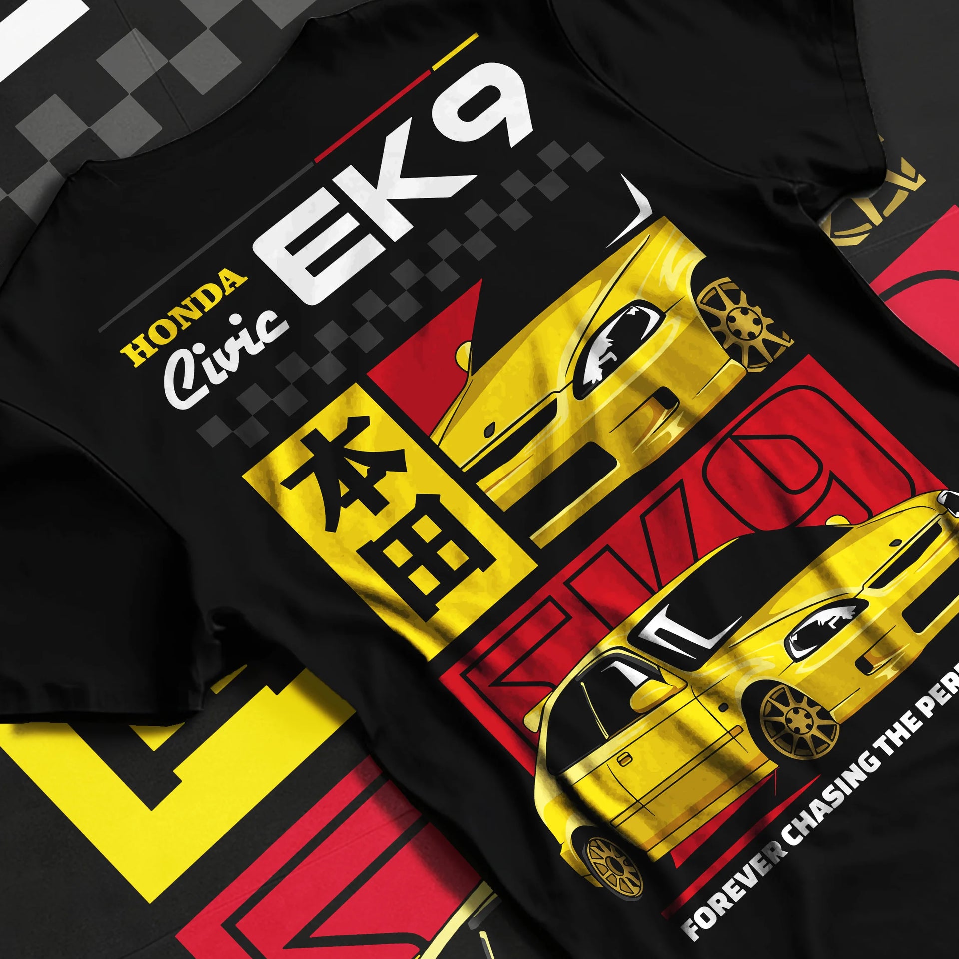 Black T-shirt laid flat with natural fabric folds, featuring Honda Civic racing jdm japanese street iconic performance graphic.