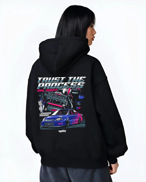 Black hoodie worn by a female model, back view, featuring Honda Civic racing jdm tuner street power performance graphic.