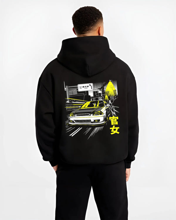 Black hoodie worn by a male model, back view, featuring Honda Civic racing drift jdm japanese street performance graphic.