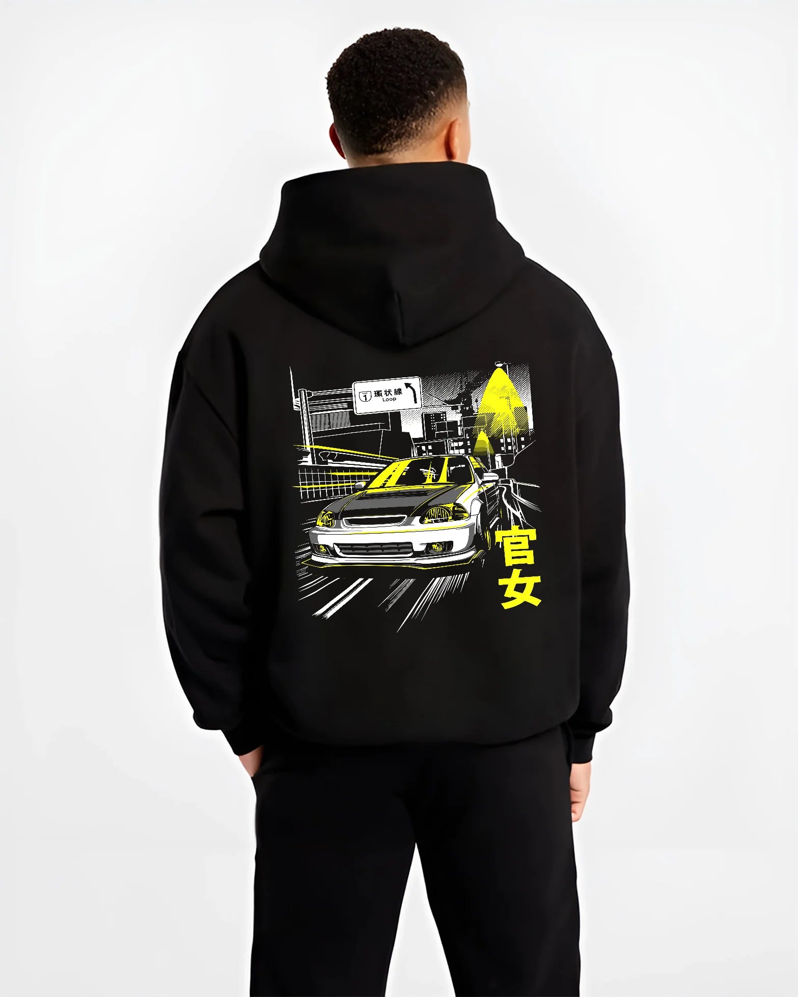 Black hoodie worn by a male model, back view, featuring Honda Civic racing drift jdm japanese street performance graphic.