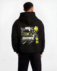 Black hoodie worn by a male model, back view, featuring Honda Civic racing drift jdm japanese street performance graphic.