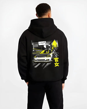 Black hoodie worn by a male model, back view, featuring Honda Civic racing drift jdm japanese street performance graphic.