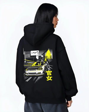 Black hoodie worn by a female model, back view, featuring Honda Civic racing drift jdm japanese street performance graphic.