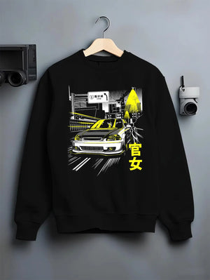 Black crewneck sweatshirt on a hanger against a grey wall, featuring Honda Civic racing drift jdm japanese street graphic.