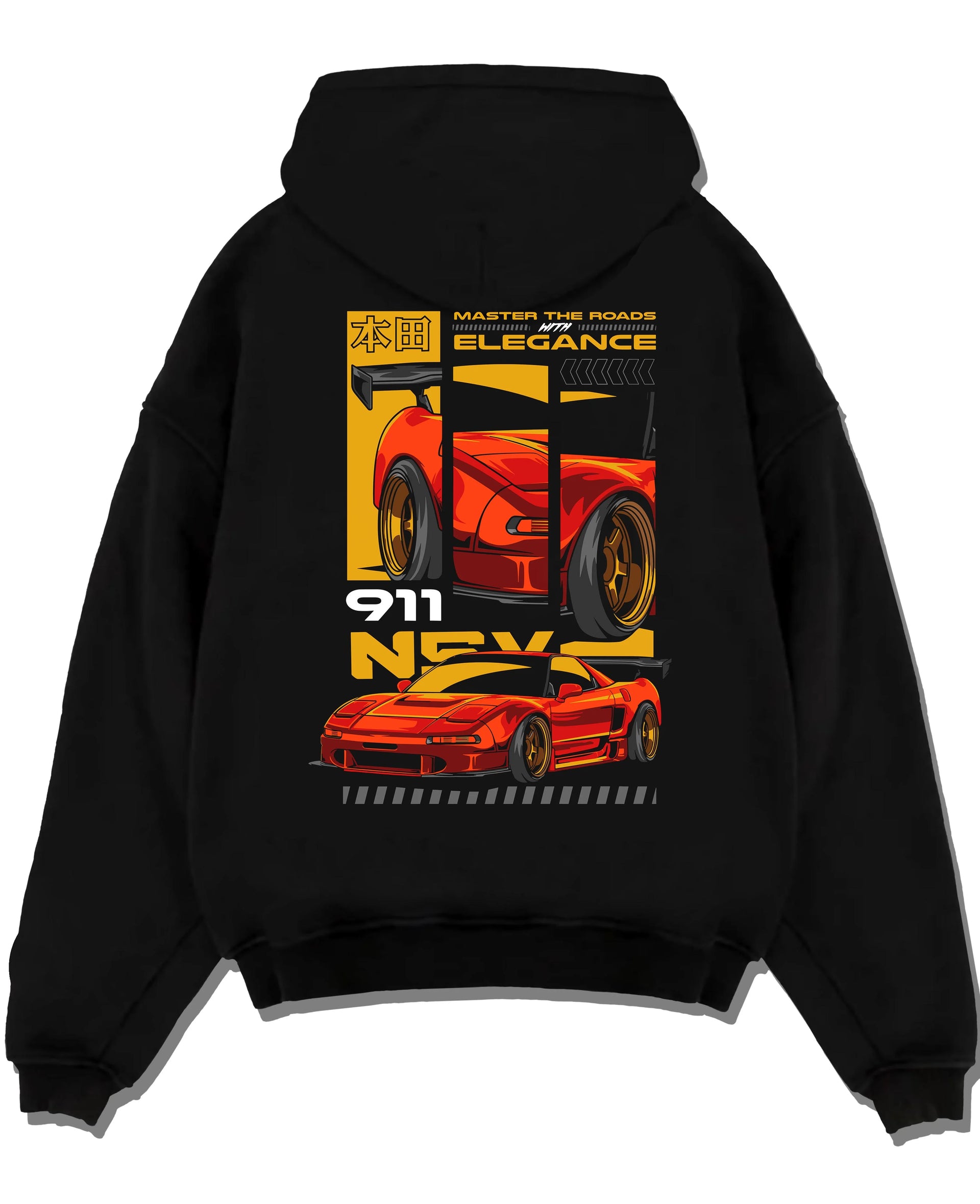 Black pullover hoodie laid flat on a white background, featuring Honda rs racing race motorsport street classic speed graphic.