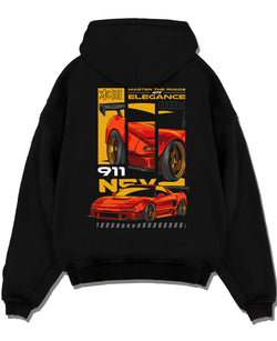 Black pullover hoodie laid flat on a white background, featuring Honda rs racing race motorsport street classic speed graphic.
