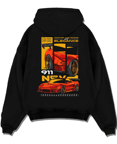 Black pullover hoodie laid flat on a white background, featuring Honda rs racing race motorsport street classic speed graphic.