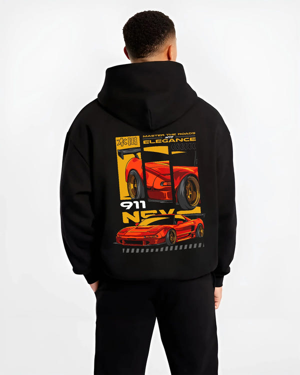 Black hoodie worn by a male model, back view, featuring Honda rs racing race motorsport street classic speed graphic.