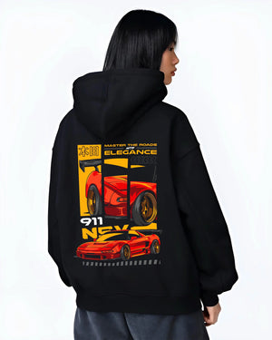 Black hoodie worn by a female model, back view, featuring Honda rs racing race motorsport street classic speed graphic.
