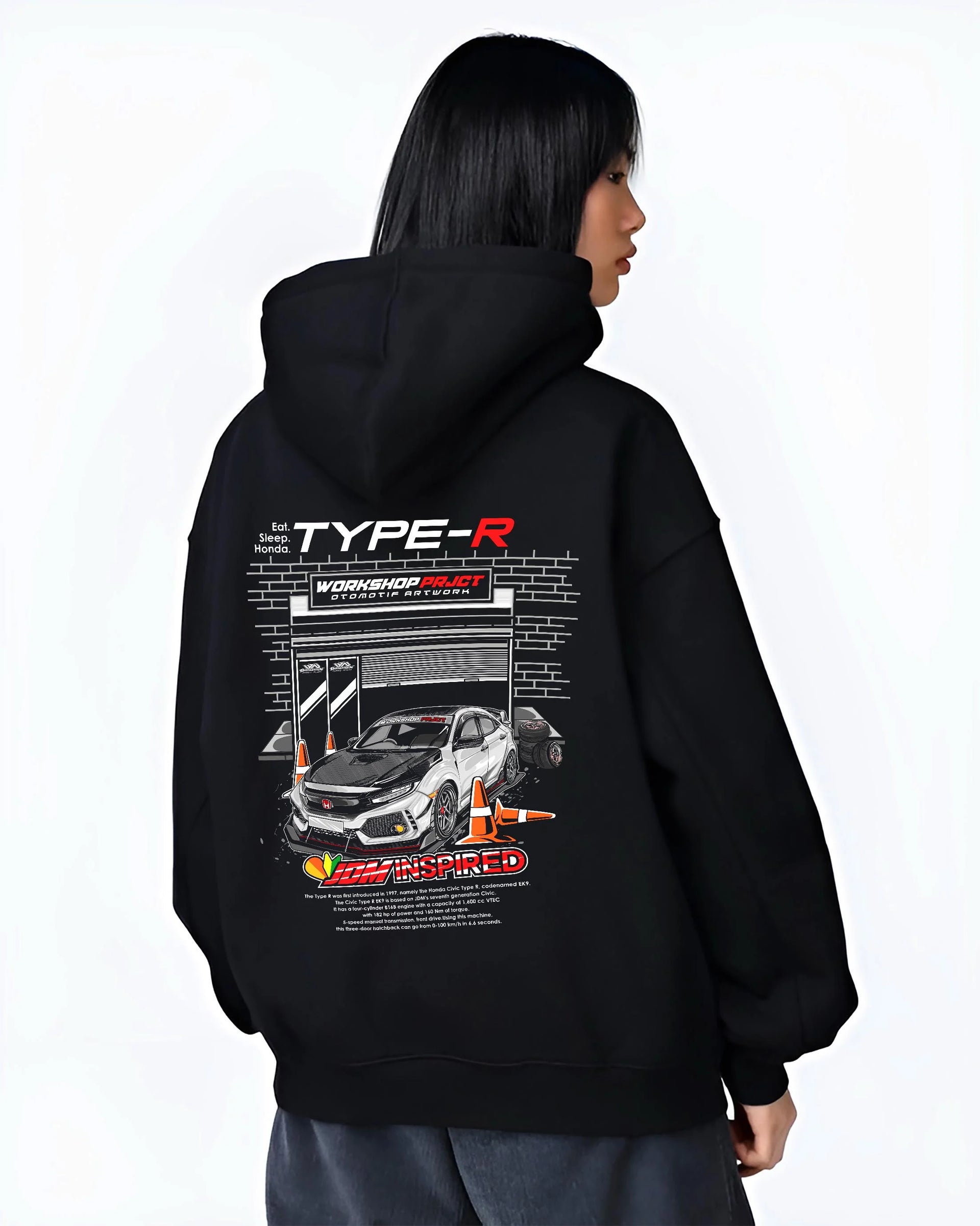 Black hoodie worn by a female model, back view, featuring Honda Civic Type R rs type r civic racing motorsport jdm tuning graphic.