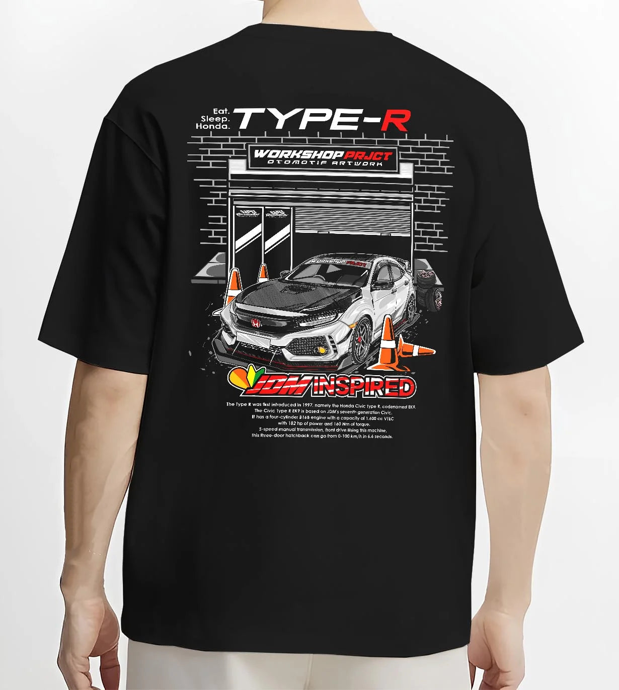 Black T-shirt worn by a male model, back view, featuring Honda Civic Type R rs type r civic racing motorsport jdm tuning graphic.