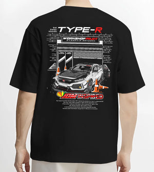 Black T-shirt worn by a male model, back view, featuring Honda Civic Type R rs type r civic racing motorsport jdm tuning graphic.
