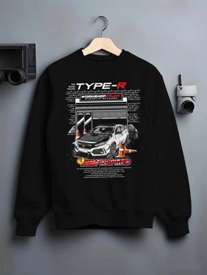 Black crewneck sweatshirt on a hanger against a grey wall, featuring Honda Civic Type R rs type r civic racing motorsport graphic.