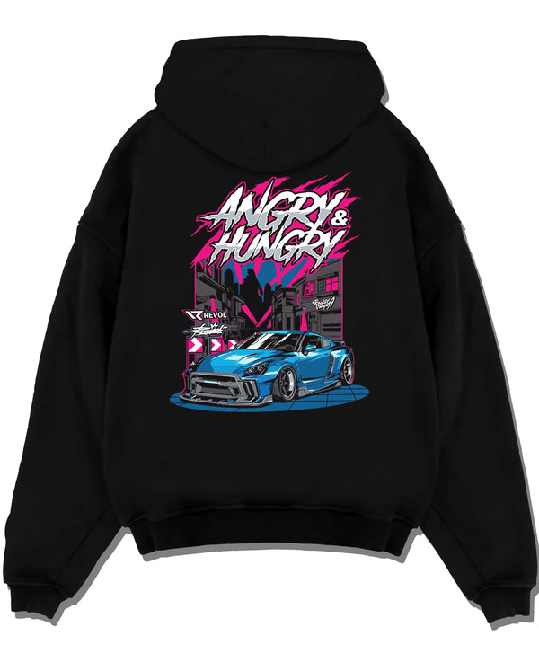 Black pullover hoodie laid flat on a white background, featuring MUSTANG rs racing muscle street enthusiast performance graphic.