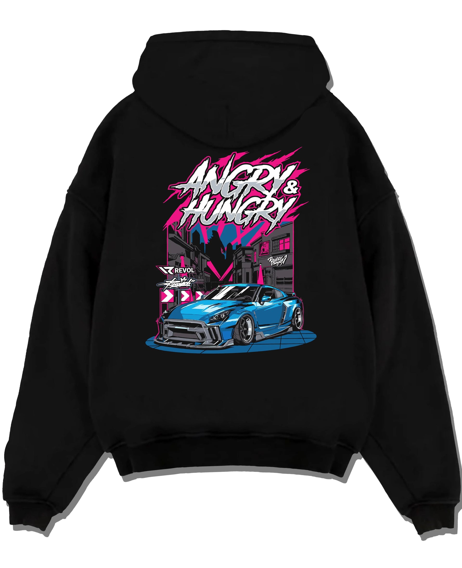 Black pullover hoodie laid flat on a white background, featuring MUSTANG rs racing muscle street enthusiast performance graphic.