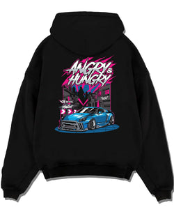 Black pullover hoodie laid flat on a white background, featuring MUSTANG rs racing muscle street enthusiast performance graphic.