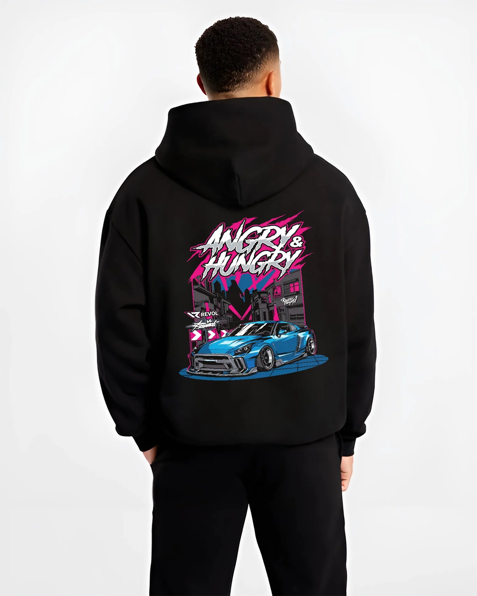 Black hoodie worn by a male model, back view, featuring MUSTANG rs racing muscle street enthusiast performance motorsport graphic.