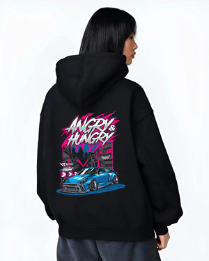 Black hoodie worn by a female model, back view, featuring MUSTANG rs racing muscle street enthusiast performance motorsport graphic.
