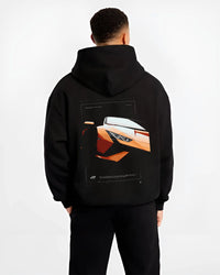 Black hoodie worn by a male model, back view, featuring Lamborghini Huracan street racing performance motorsport automotive graphic.