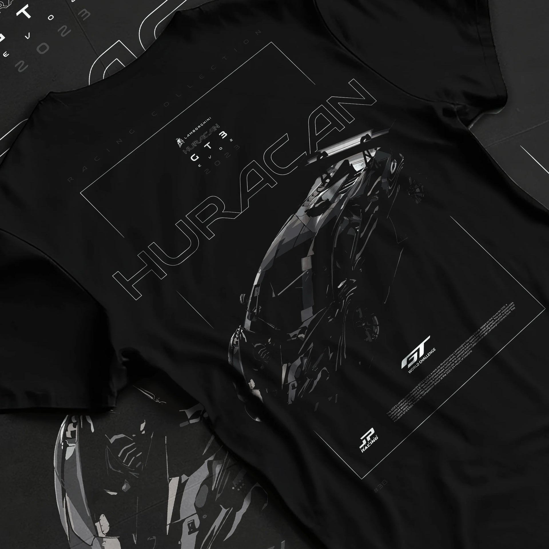 Black T-shirt laid flat with natural fabric folds, featuring Lamborghini Huracan gt3 evo racing enthusiast street graphic.