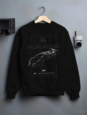 Black crewneck sweatshirt on a hanger against a grey wall, featuring Lamborghini Huracan gt3 evo racing enthusiast street graphic.