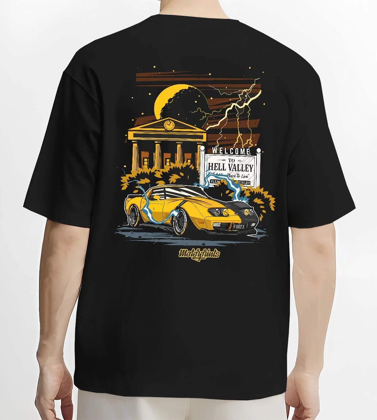 Black T-shirt worn by a male model, back view, featuring racing street retro performance motorsport automotive enthusiast graphic.