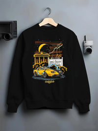 Black crewneck sweatshirt on a hanger against a grey wall, featuring racing street retro performance motorsport automotive graphic.