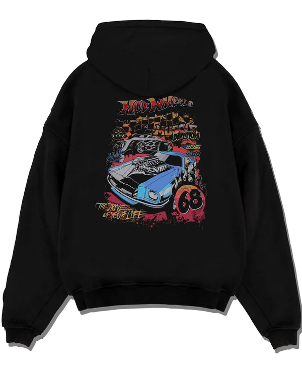 Black pullover hoodie laid flat on a white background, featuring ls racing drift muscle street retro legend performance graphic.