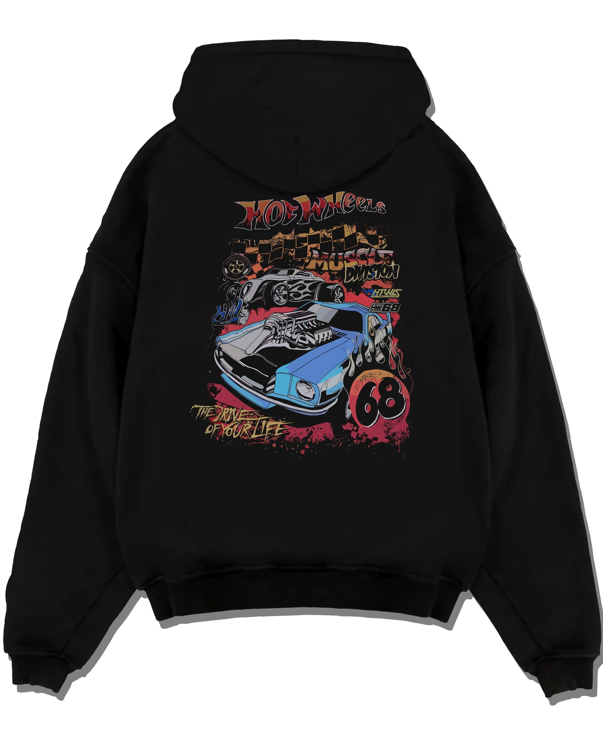 Black pullover hoodie laid flat on a white background, featuring ls racing drift muscle street retro legend performance graphic.
