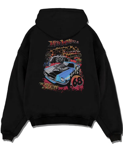 Black pullover hoodie laid flat on a white background, featuring ls racing drift muscle street retro legend performance graphic.