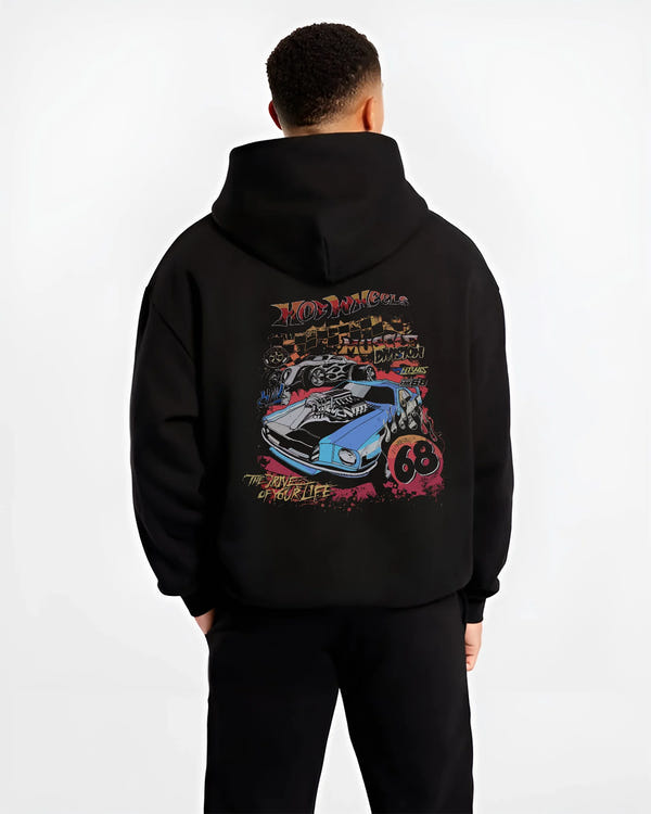 Black hoodie worn by a male model, back view, featuring ls racing drift muscle street retro legend performance graphic.