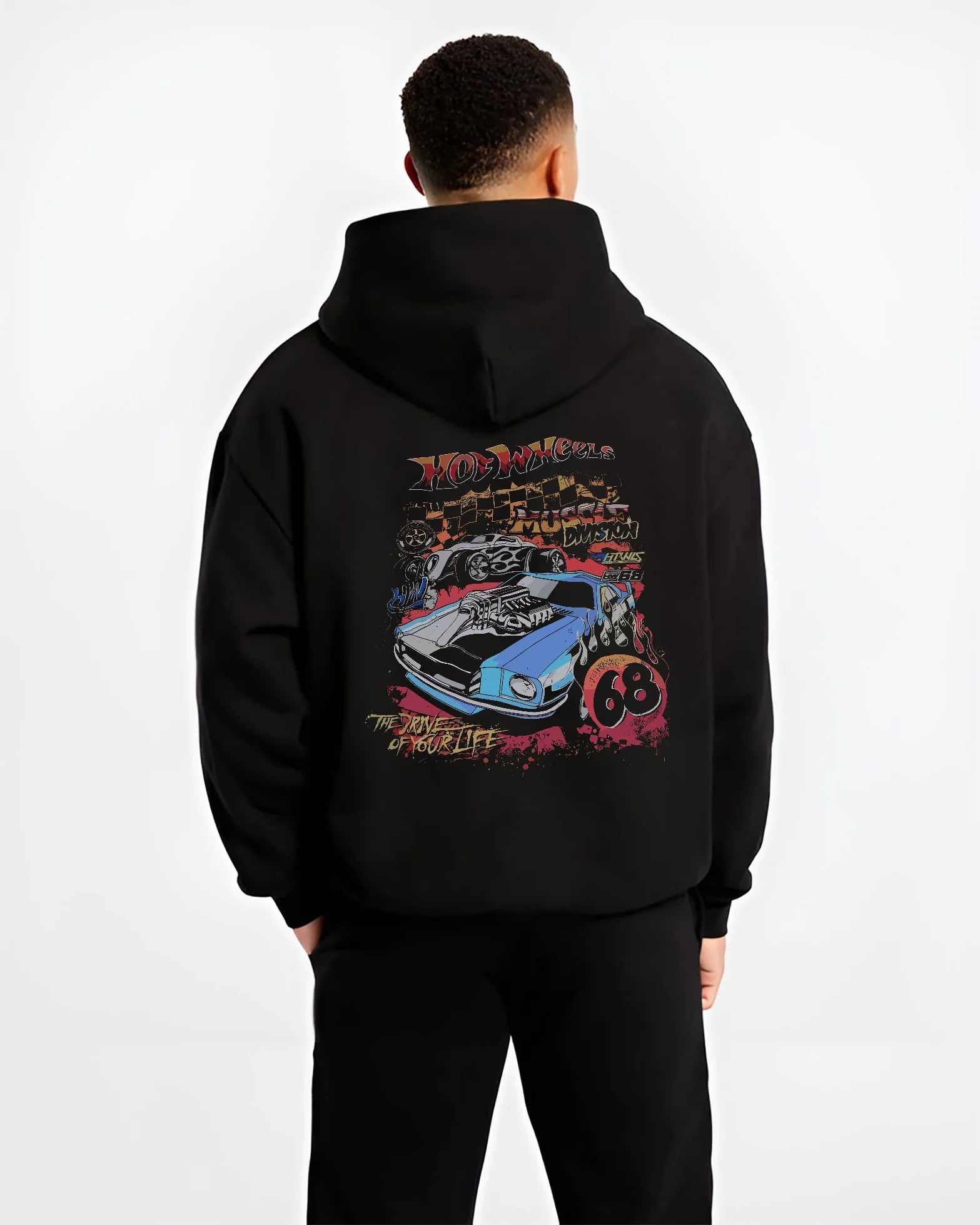 Black hoodie worn by a male model, back view, featuring ls racing drift muscle street retro legend performance graphic.