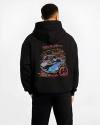 Black hoodie worn by a male model, back view, featuring ls racing drift muscle street retro legend performance graphic.