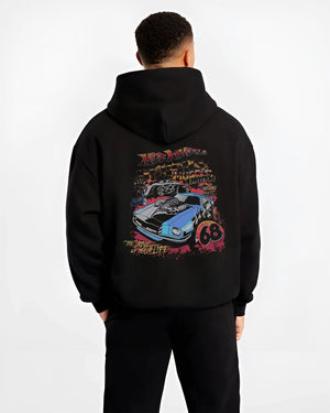 Black hoodie worn by a male model, back view, featuring ls racing drift muscle street retro legend performance graphic.