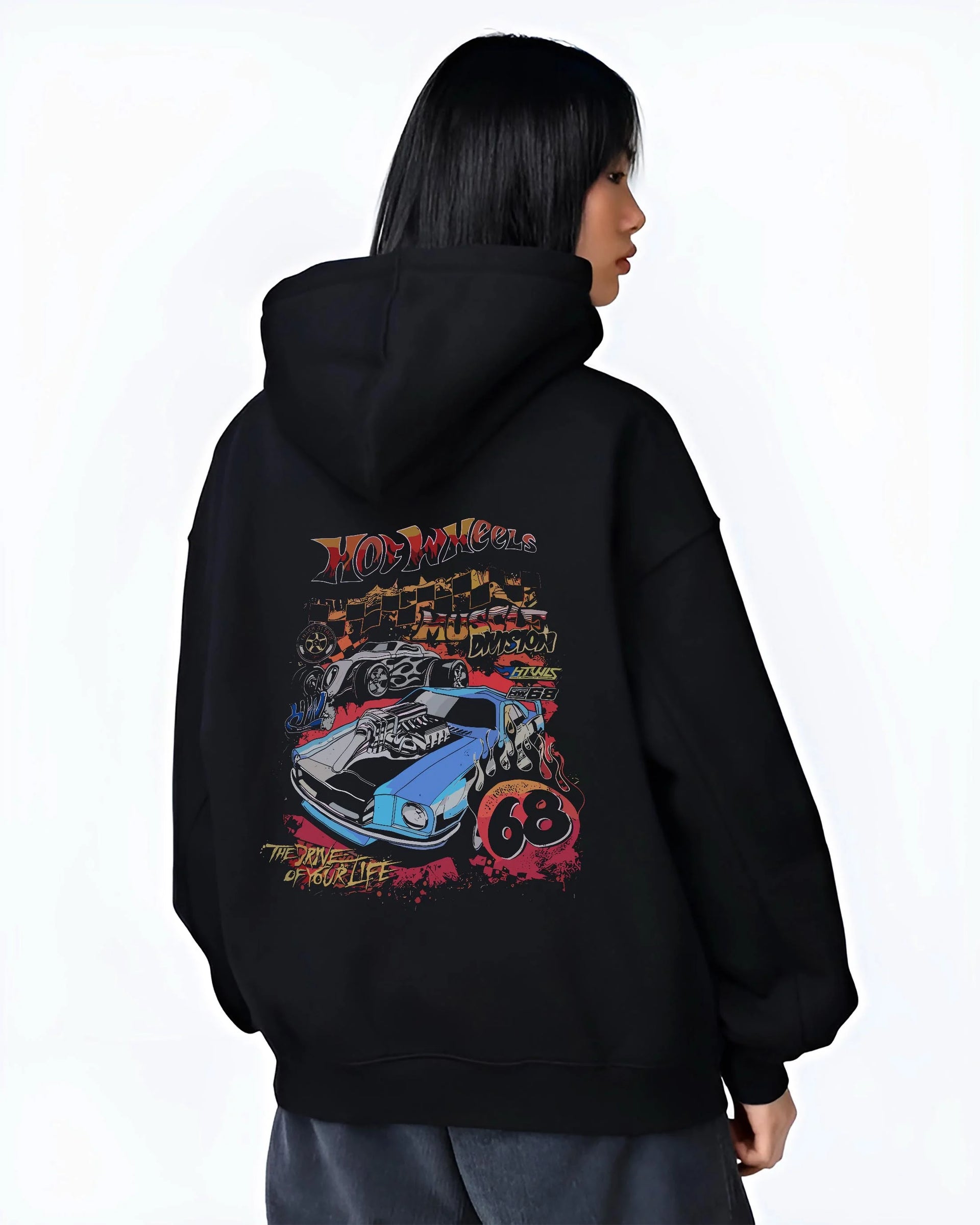 Black hoodie worn by a female model, back view, featuring ls racing drift muscle street retro legend performance graphic.