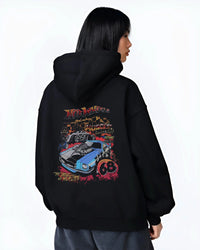 Black hoodie worn by a female model, back view, featuring ls racing drift muscle street retro legend performance graphic.