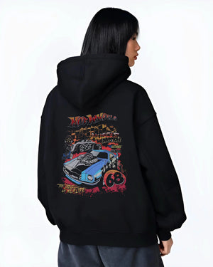Black hoodie worn by a female model, back view, featuring ls racing drift muscle street retro legend performance graphic.