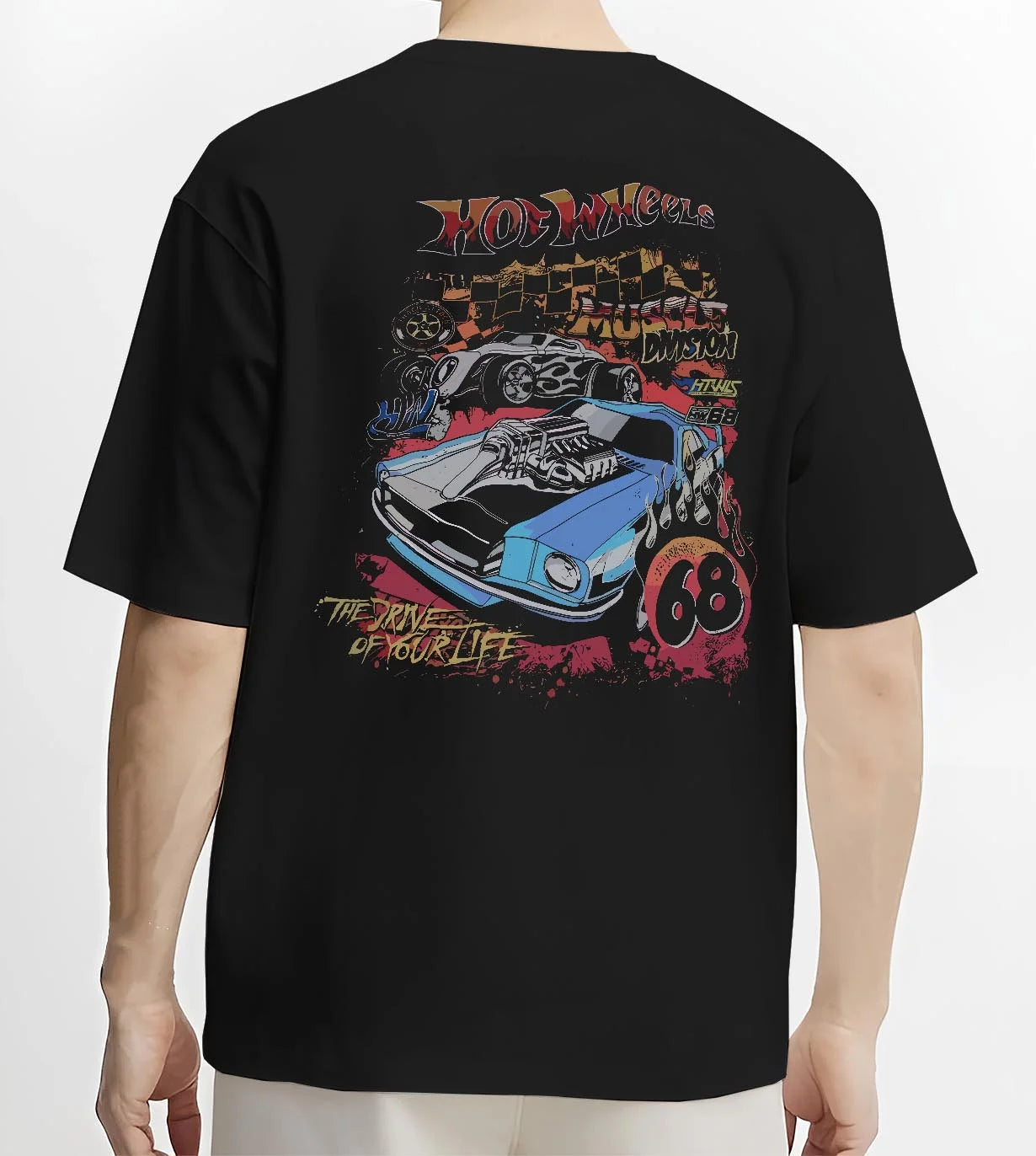 Black T-shirt worn by a male model, back view, featuring ls racing drift muscle street retro legend performance graphic.