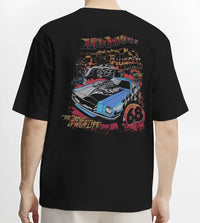 Black T-shirt worn by a male model, back view, featuring ls racing drift muscle street retro legend performance graphic.