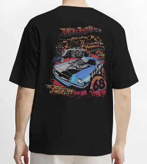 Black T-shirt worn by a male model, back view, featuring ls racing drift muscle street retro legend performance graphic.