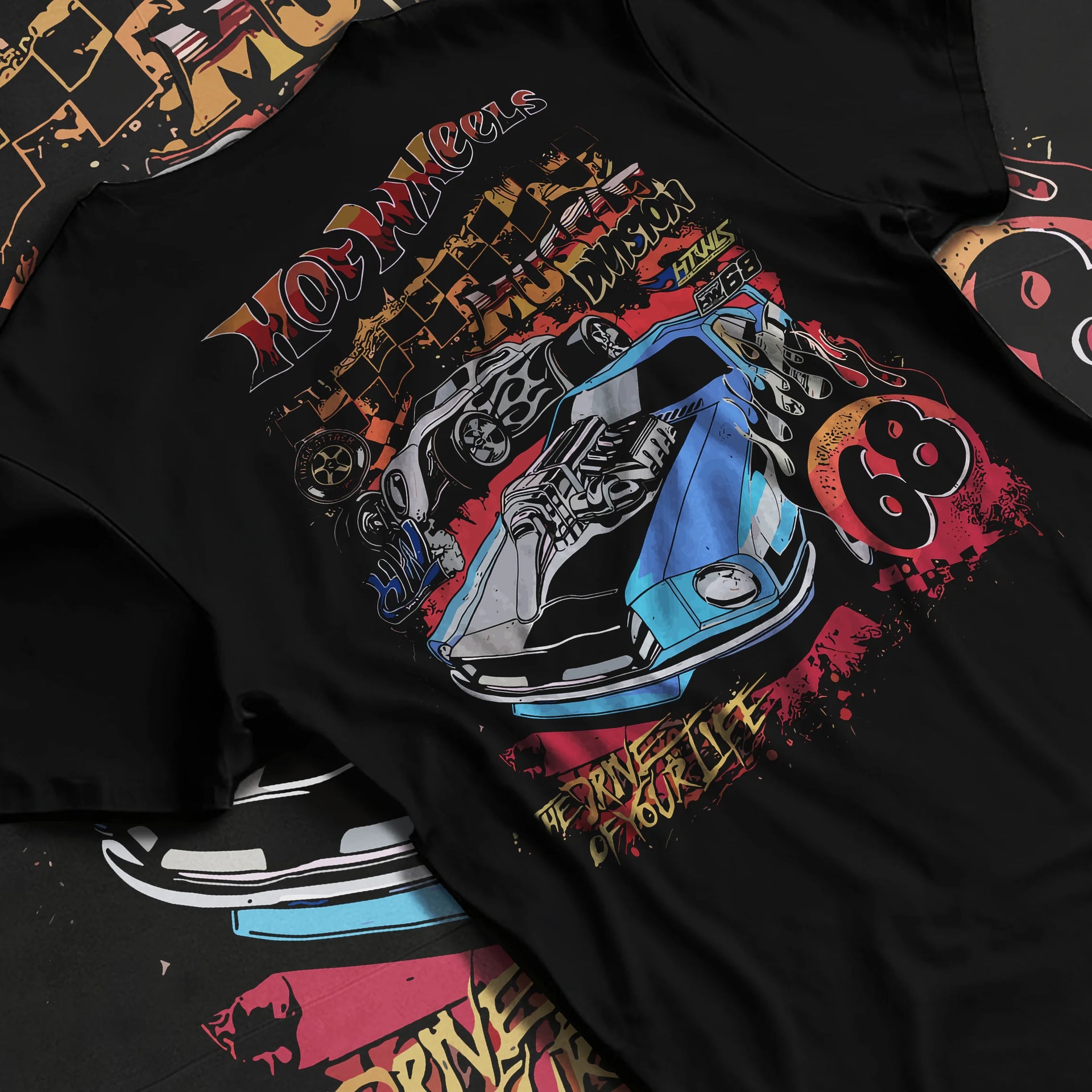 Black T-shirt laid flat with natural fabric folds, featuring ls racing drift muscle street retro legend performance graphic.