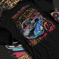 Black T-shirt laid flat with natural fabric folds, featuring ls racing drift muscle street retro legend performance graphic.
