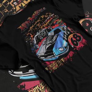 Black T-shirt laid flat with natural fabric folds, featuring ls racing drift muscle street retro legend performance graphic.
