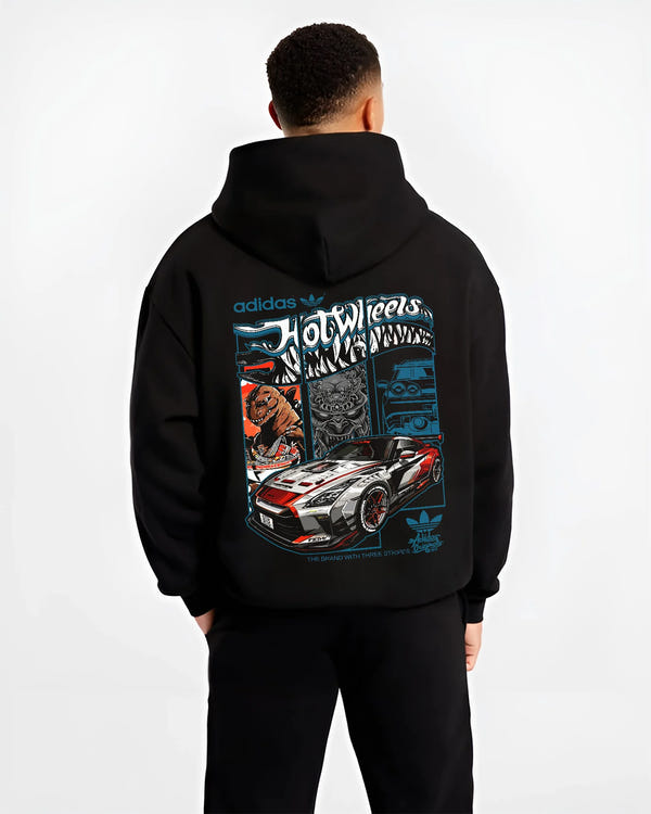 Black hoodie worn by a male model, back view, featuring NISSAN gt r ls racing drift jdm japanese street retro graphic.