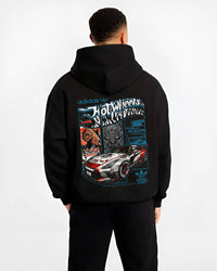 Black hoodie worn by a male model, back view, featuring NISSAN gt r ls racing drift jdm japanese street retro graphic.