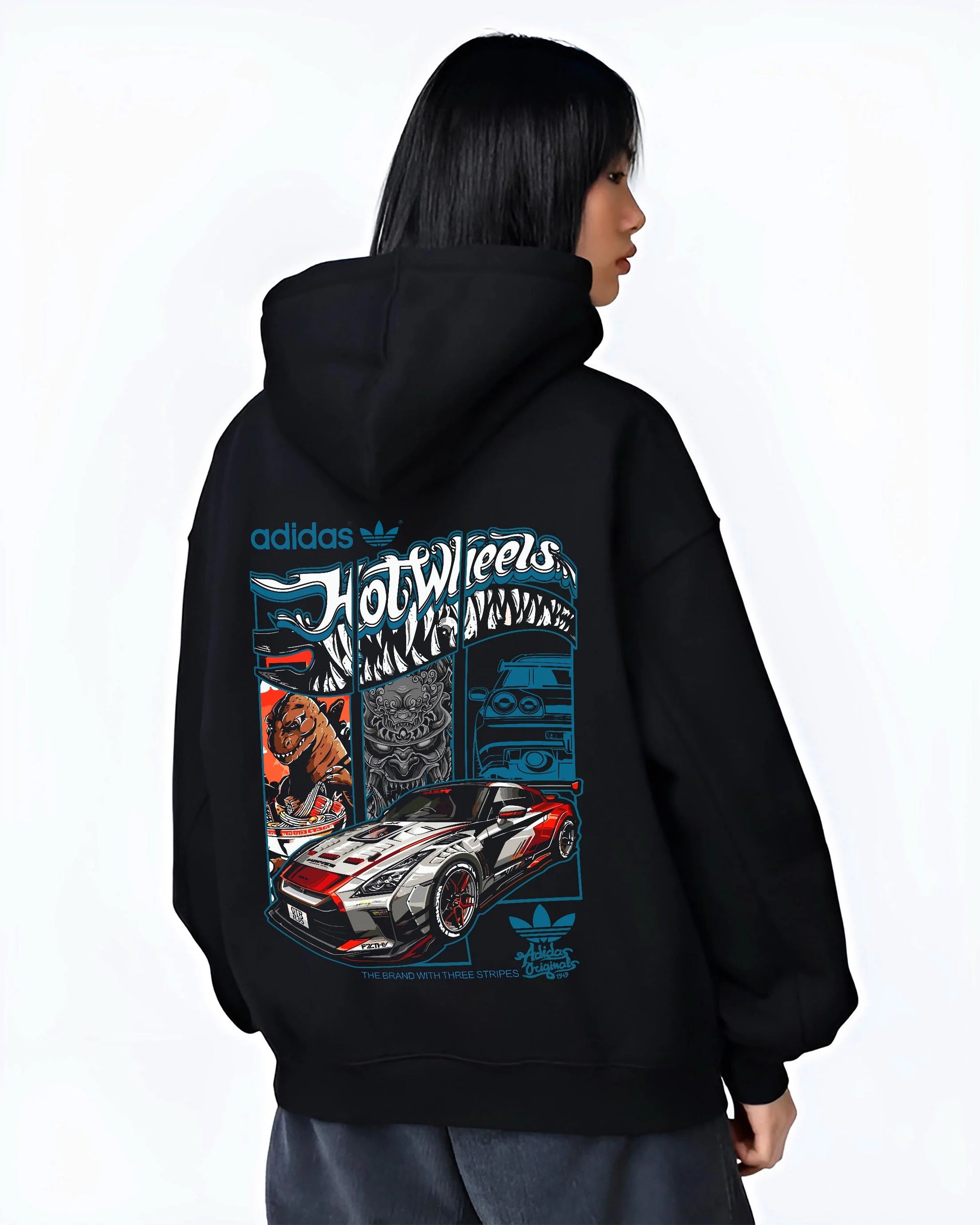 Black hoodie worn by a female model, back view, featuring NISSAN gt r ls racing drift jdm japanese street retro graphic.